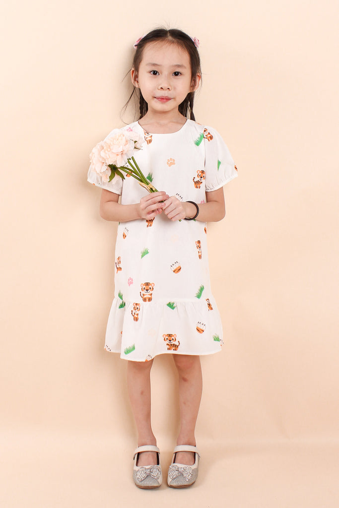 Year Of Tiger Kids Drop Waist Dress - White [12M/18M/2Y/3Y/4Y/5Y/6Y/7Y/8Y]