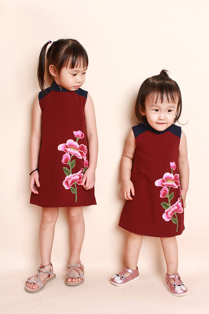 KIDS Yun Floral Embroidered Mandarin Collar Dress - Wine / Navy [12M/18/2Y/3Y/4Y/5Y/6Y]