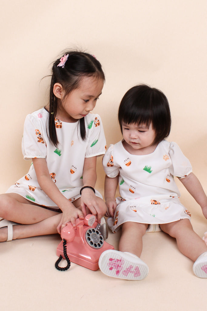 Year Of Tiger Kids Drop Waist Dress - White [12M/18M/2Y/3Y/4Y/5Y/6Y/7Y/8Y]
