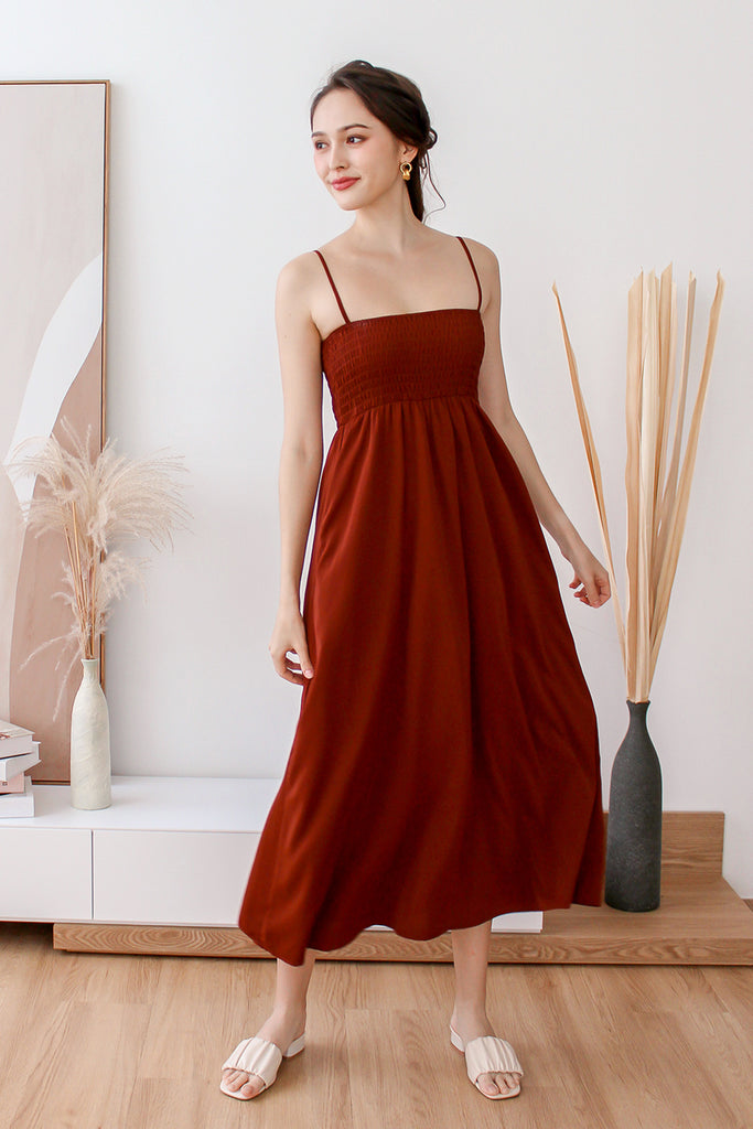 Zonia Smocked Empire Dress - Rust Brown [XS/S/M/L/XL]