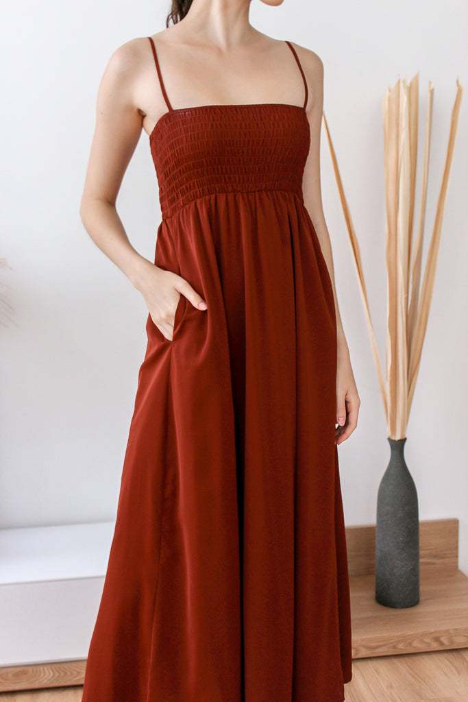 Zonia Smocked Empire Dress - Rust Brown [XS/S/M/L/XL]