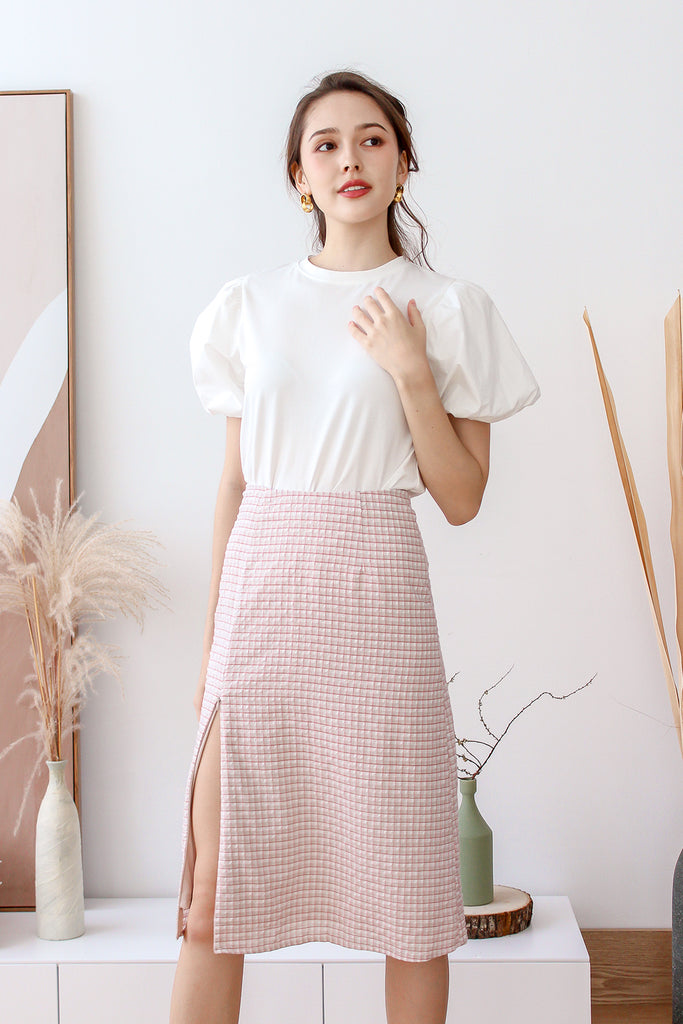 Cavine Zipper Slit Skirt - Nude Pink Plaids [XS/S/M/L/XL]