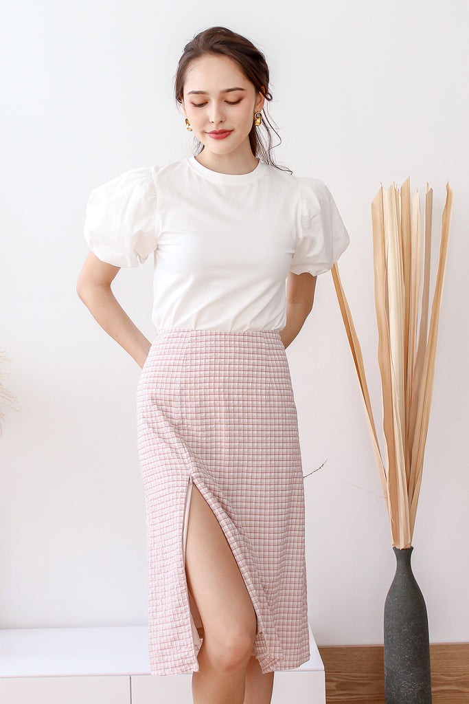 Cavine Zipper Slit Skirt - Nude Pink Plaids [XS/S/M/L/XL]
