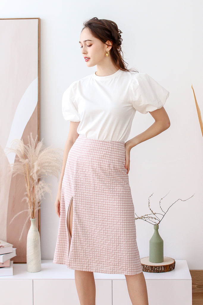Cavine Zipper Slit Skirt - Nude Pink Plaids [XS/S/M/L/XL]