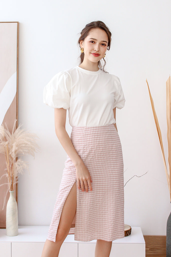 Cavine Zipper Slit Skirt - Nude Pink Plaids [XS/S/M/L/XL]