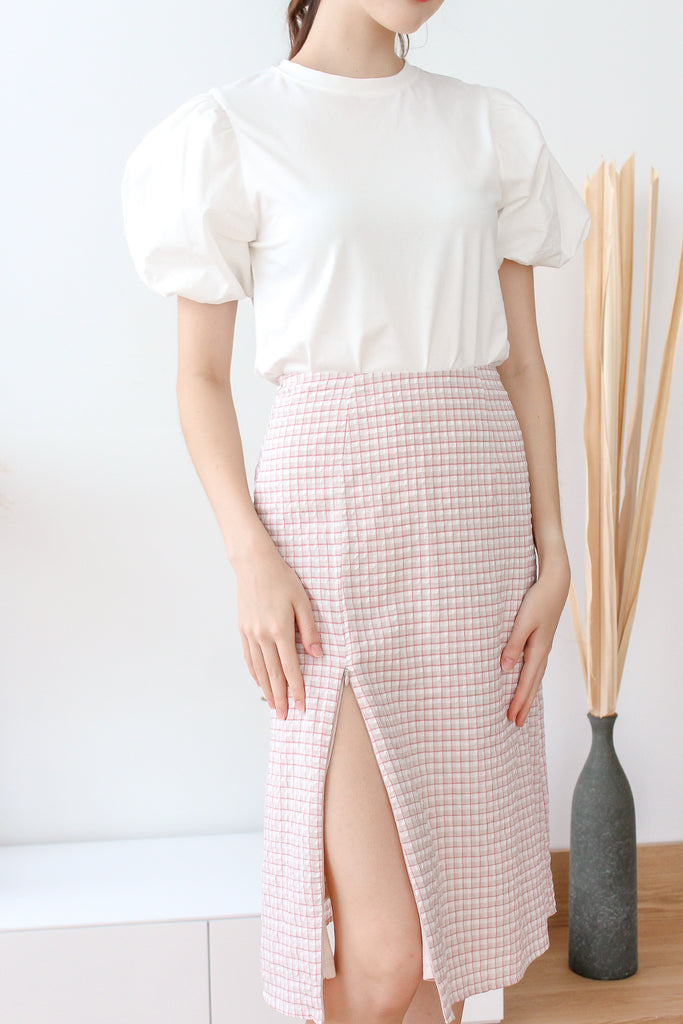 Cavine Zipper Slit Skirt - Nude Pink Plaids [XS/S/M/L/XL]