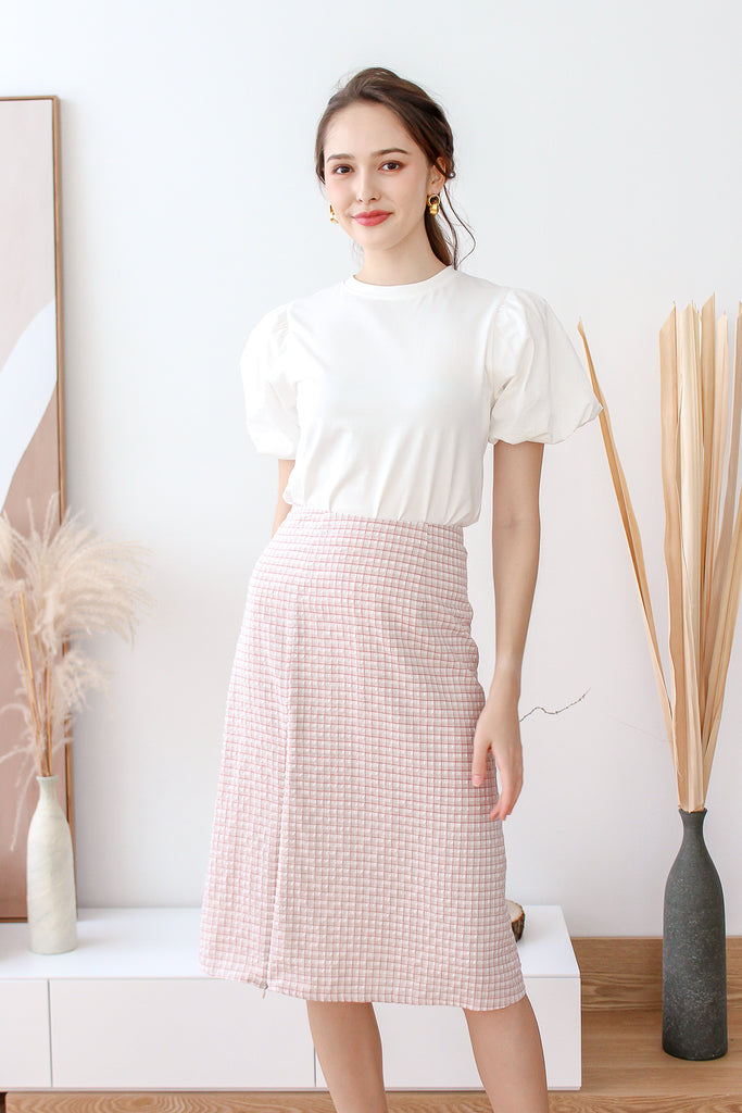 Cavine Zipper Slit Skirt - Nude Pink Plaids [XS/S/M/L/XL]