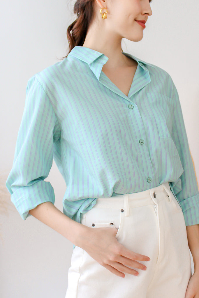 Lucia Boyfriend Stripes Shirt - Mint // Lilac Stripes [XS/S/M/L]