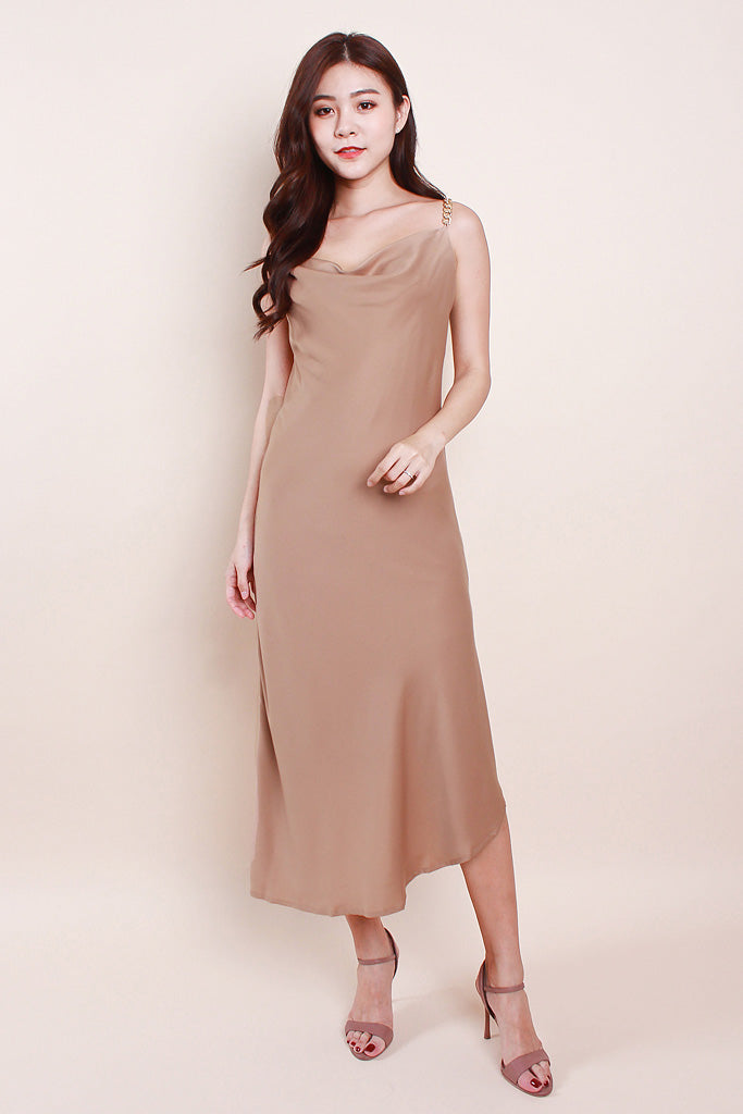 Raelyn Chain Cowl-Neck Luxe Dress - Nude