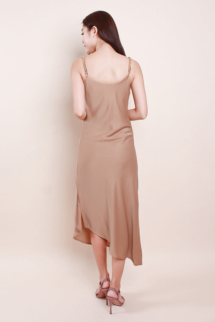 Raelyn Chain Cowl-Neck Luxe Dress - Nude