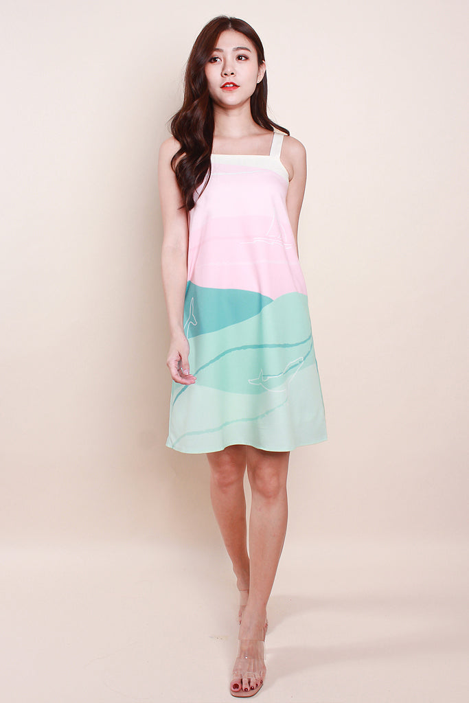 Whale Print Trapeze Dress - Cream / Aqua [XS/S/M/L/XL]