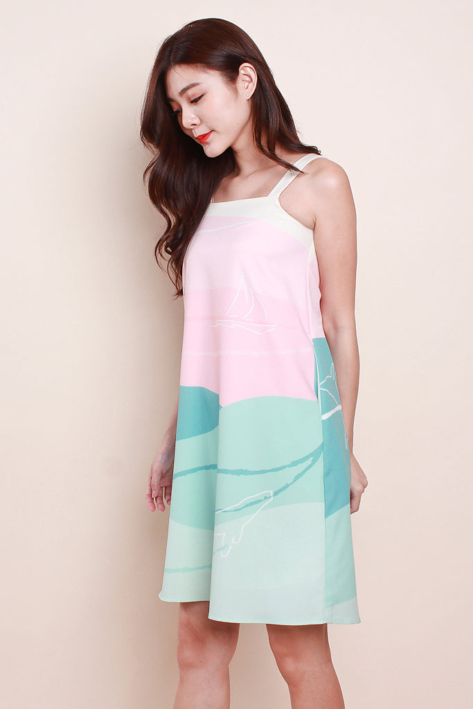 Whale Print Trapeze Dress - Cream / Aqua [XS/S/M/L/XL]