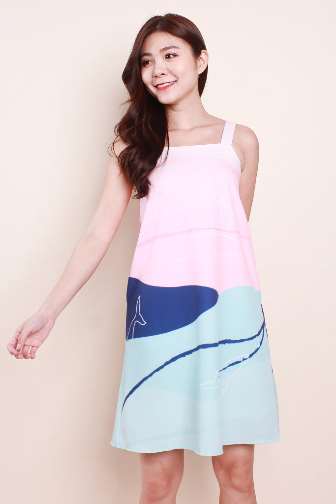 Whale Print Trapeze Dress -  Pink / Navy [XS/S/M/L/XL]