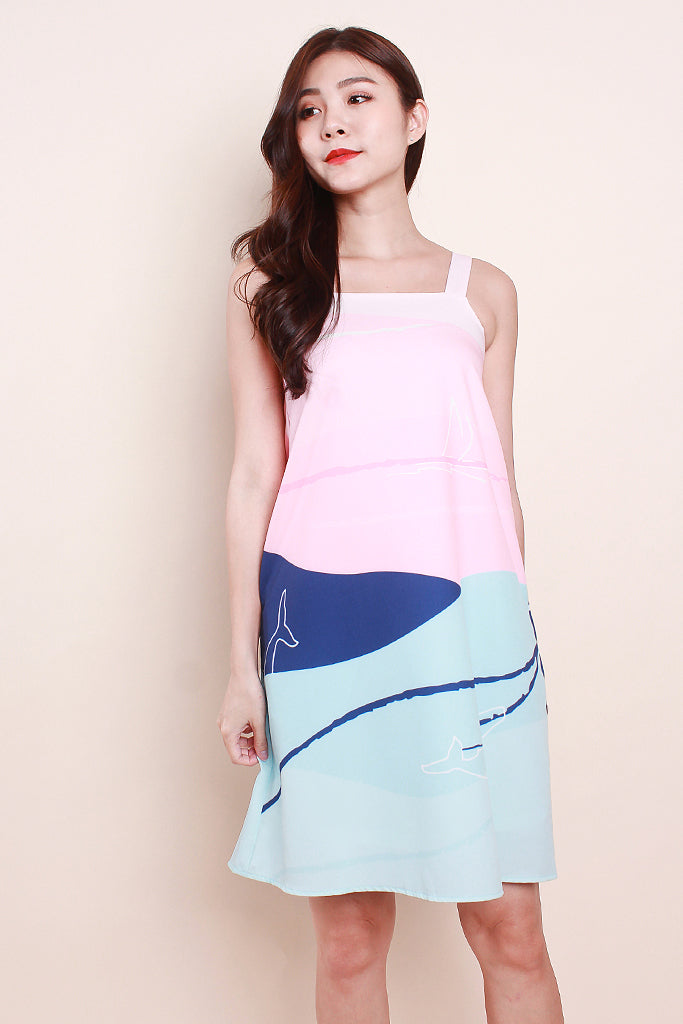 Whale Print Trapeze Dress -  Pink / Navy [XS/S/M/L/XL]