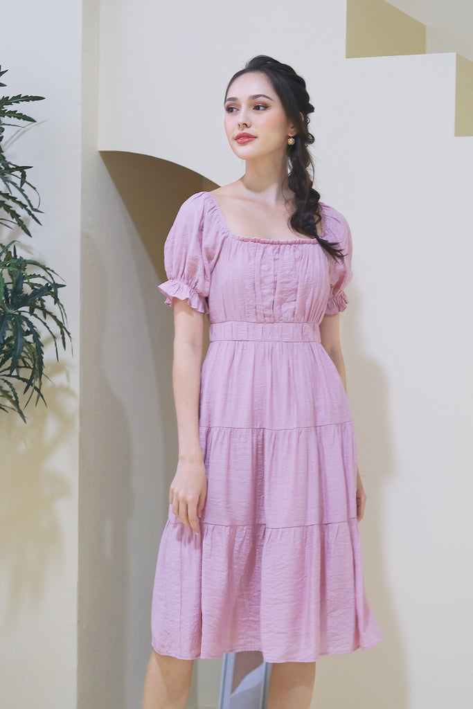 Lily Crepe Puffy Sleeves Tiered Midi Dress - Blush Pink [XS/S/M/L/XL]