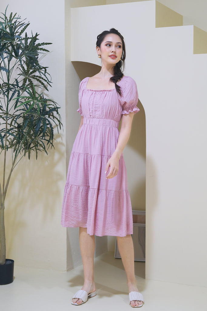 Lily Crepe Puffy Sleeves Tiered Midi Dress - Blush Pink [XS/S/M/L/XL]