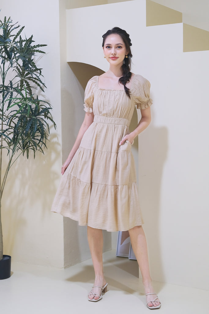 Lily Crepe Puffy Sleeves Tiered Midi Dress - Ecru [XS/S/M/L/XL]