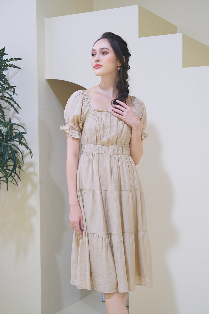 Lily Crepe Puffy Sleeves Tiered Midi Dress - Ecru [XS/S/M/L/XL]