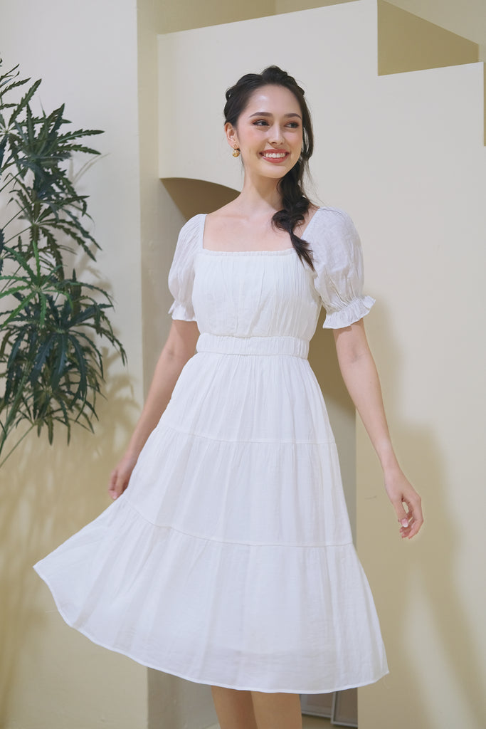 Lily Crepe Puffy Sleeves Tiered Midi Dress White [XS/S/M/L/XL