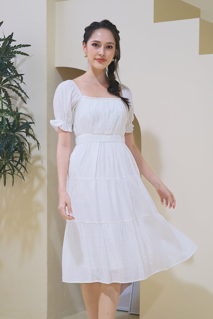 Lily Crepe Puffy Sleeves Tiered Midi Dress - White [XS/S/M/L/XL]