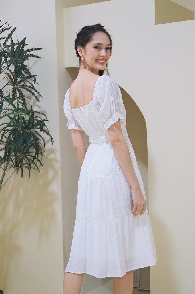Lily Crepe Puffy Sleeves Tiered Midi Dress - White [XS/S/M/L/XL]