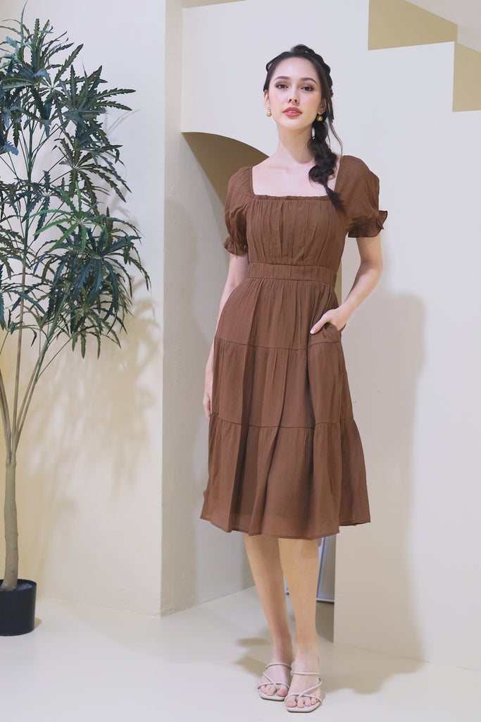 Lily Crepe Puffy Sleeves Tiered Midi Dress - Mocha [XS/S/M/L/XL]