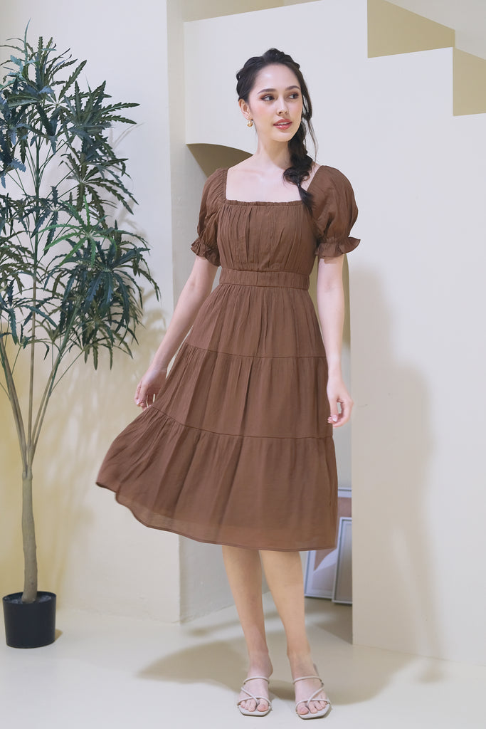 Lily Crepe Puffy Sleeves Tiered Midi Dress - Mocha [XS/S/M/L/XL]