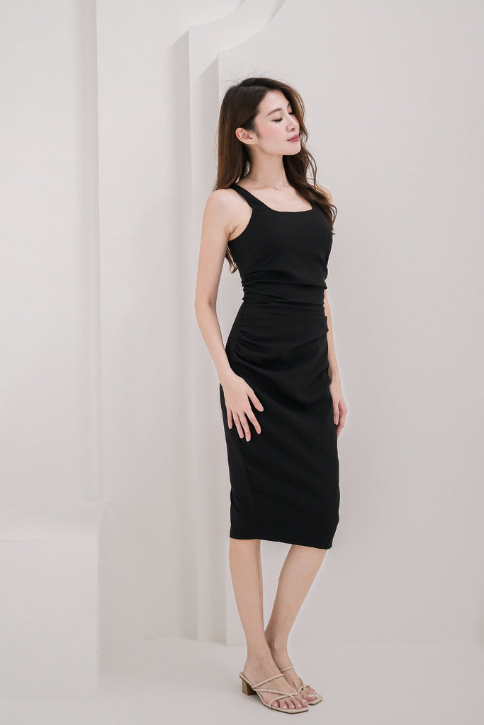 Kayra Ruche Bodycon Midi Dress - Black [XS/S/M/L/XL]