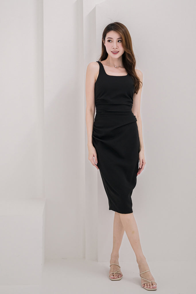 Kayra Ruche Bodycon Midi Dress - Black [XS/S/M/L/XL]