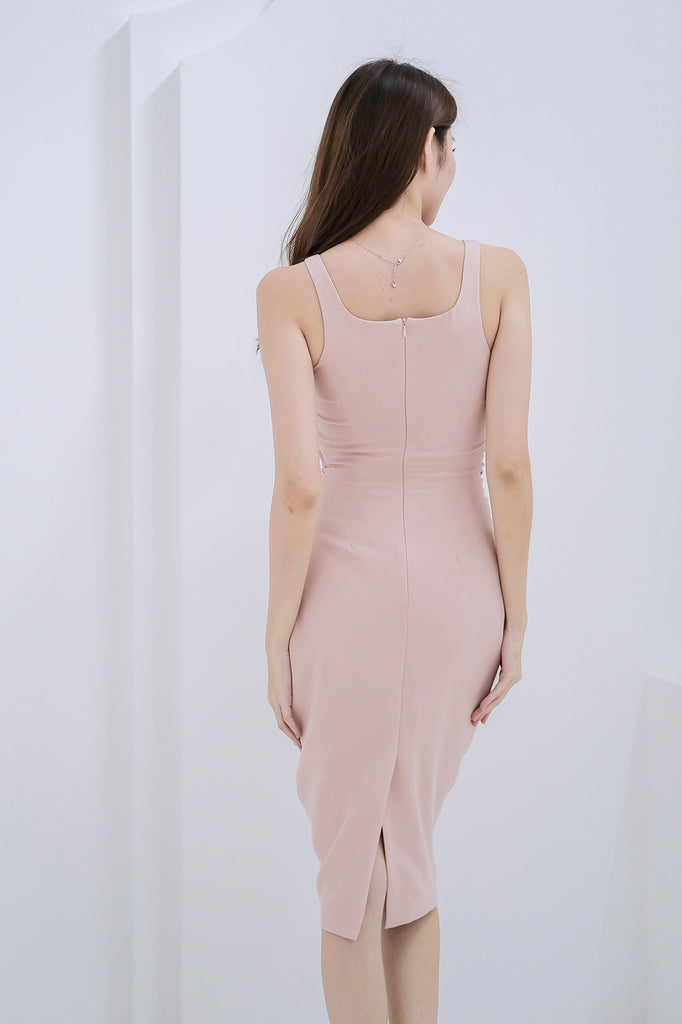 Kayra Ruche Bodycon Midi Dress - Nude Pink [XS/S/M/L/XL]
