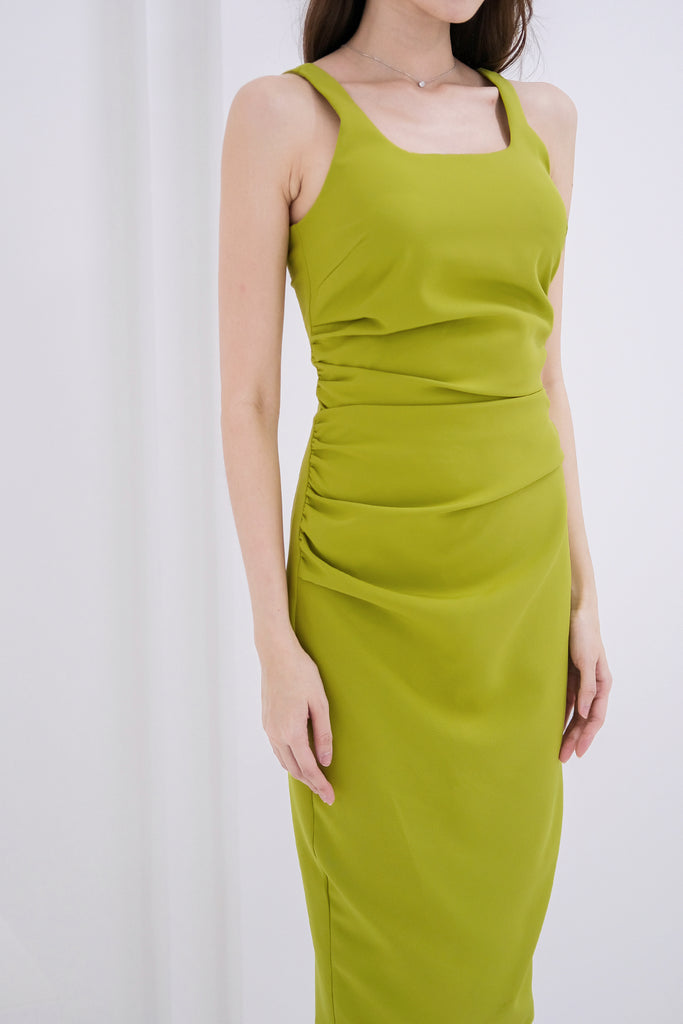 Kayra Ruche Bodycon Midi Dress - Lime [XS/S/M/L/XL]