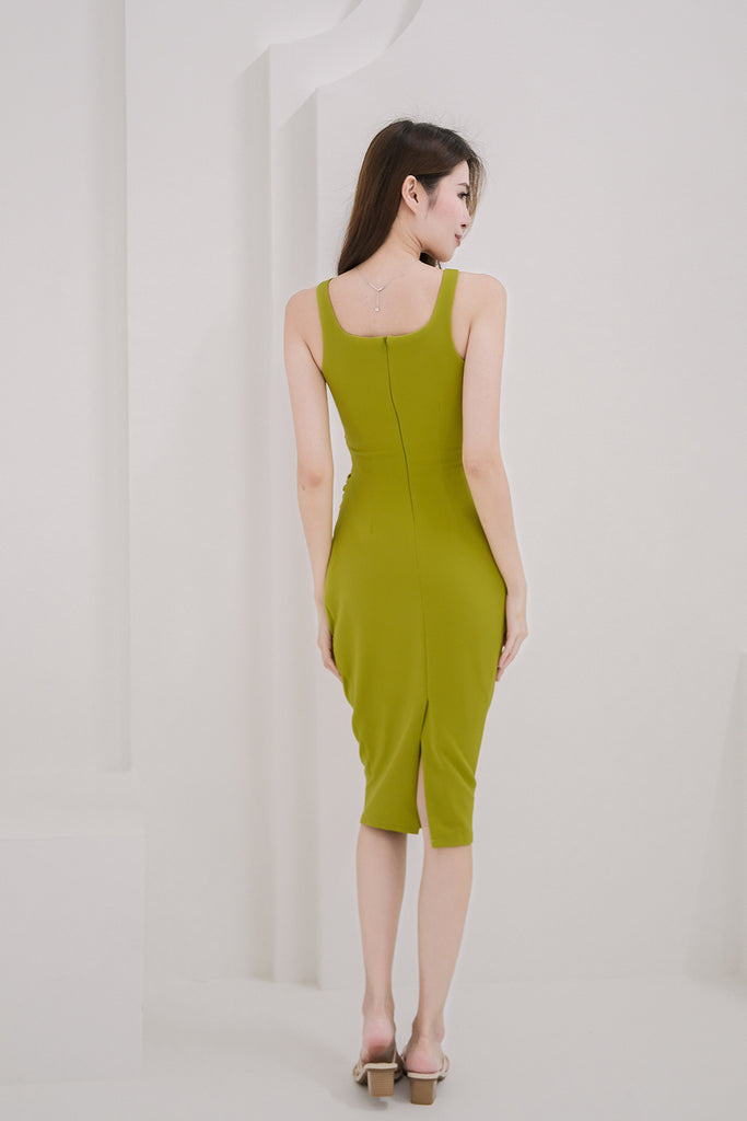 Kayra Ruche Bodycon Midi Dress - Lime [XS/S/M/L/XL]