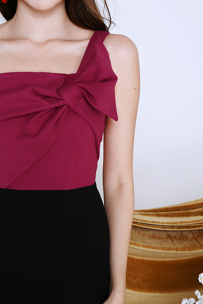 Adeline Ribbon Colour Block Dress - Fuchsia / Black [S/M/L/XL]