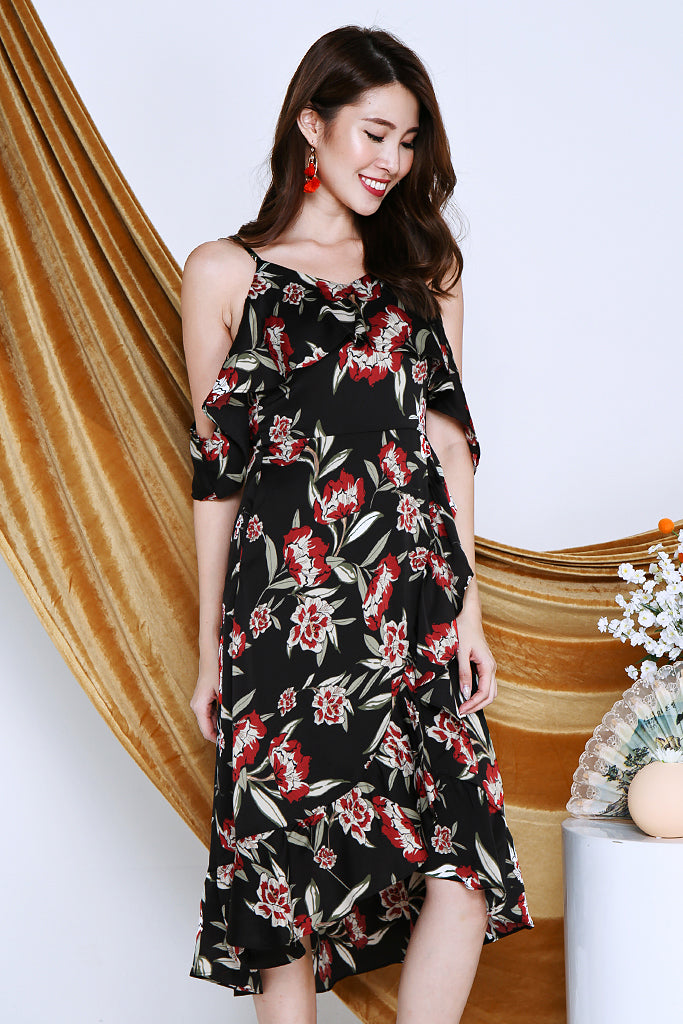 Hailey Flowy Floral Midi Dress - Black [XS/S/M/L/XL]