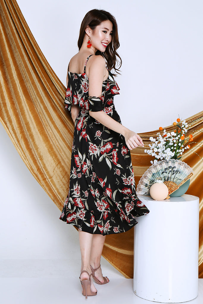 Hailey Flowy Floral Midi Dress - Black [XS/S/M/L/XL]