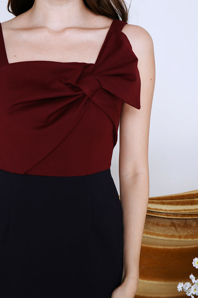 Adeline Ribbon Colour Block Dress - Wine / Navy [S/M/L/XL]