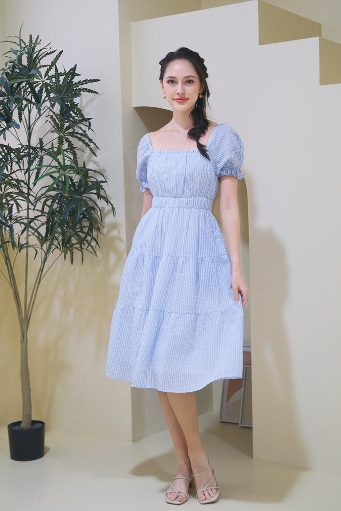 Lily Textured Puffy Sleeves Tiered Midi Dress - Blue Stripes [XS/S/M/L/XL]