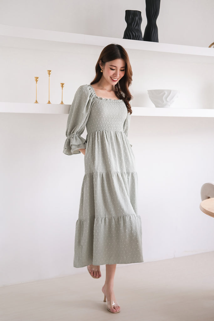 Ducena Swissdot Smocked Tiered Dress - Sage [XS/S/M/L/XL]