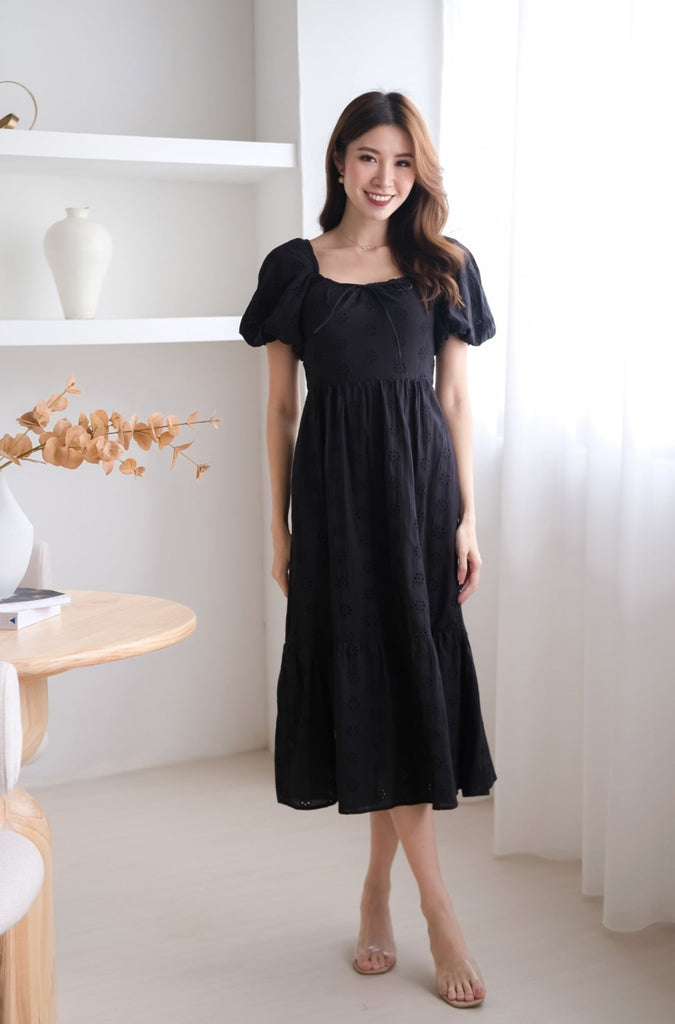 Debbie Eyelet Puffy Sleeves Midi Dress - Black [XS/S/M/L/XL]