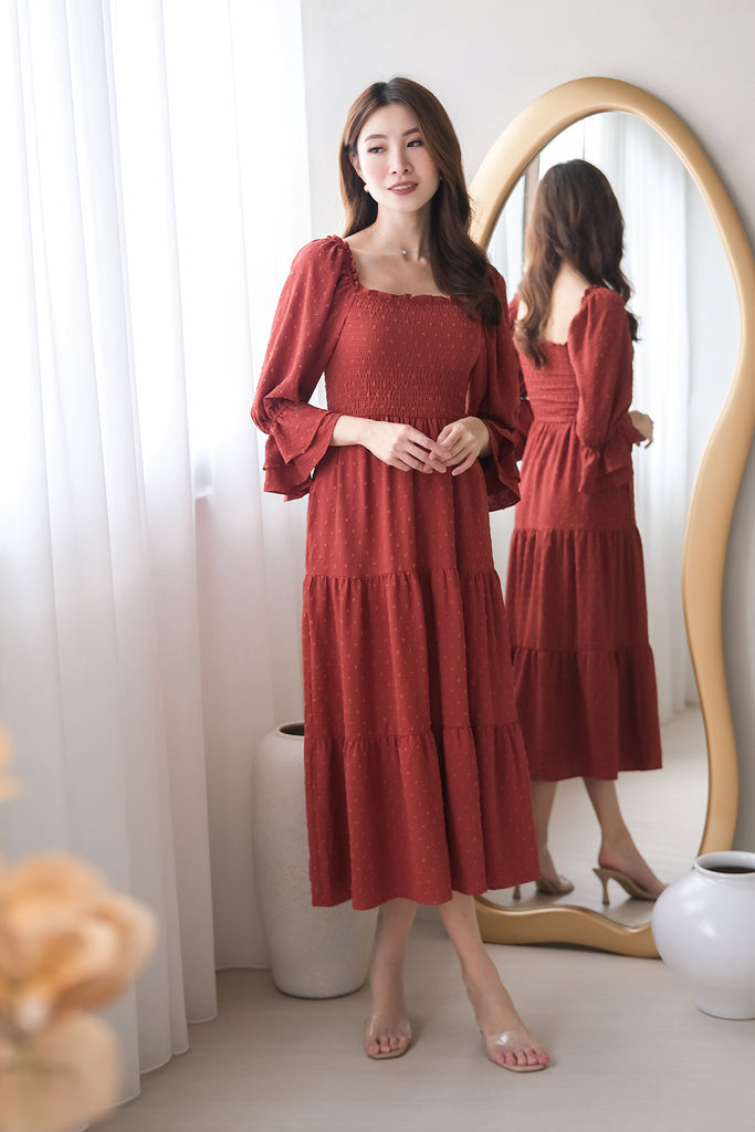 Ducena Swissdot Smocked Tiered Dress - Rosewood [XS/S/M/L/XL]