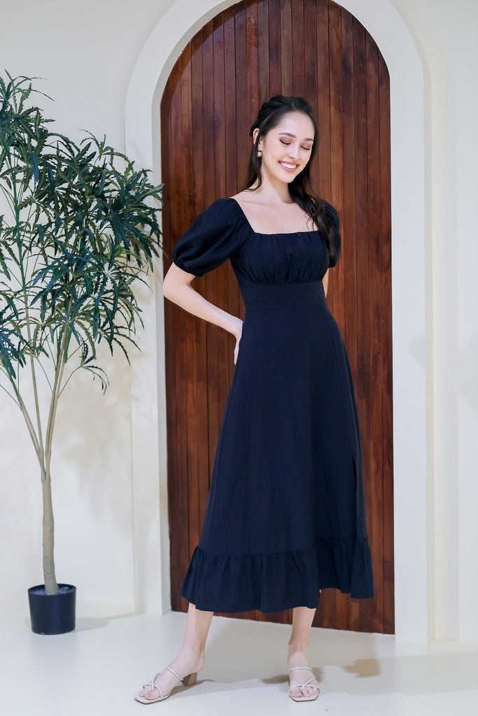 Katalina Ruche Slit Midi - Black [XS/S/M/L/XL]