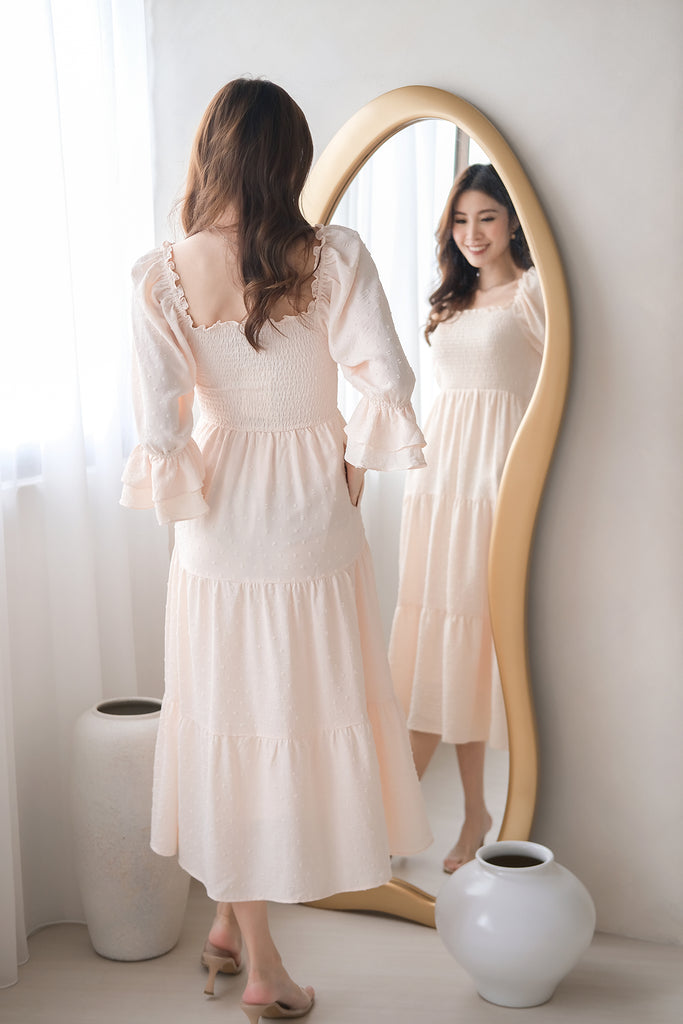 Ducena Swissdot Smocked Tiered Dress - Cream [XS/S/M/L/XL]