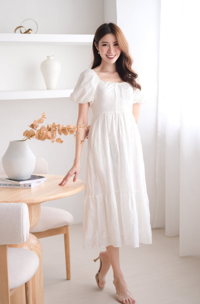 Debbie Eyelet Puffy Sleeves Midi Dress - White [XS/S/M/L/XL]