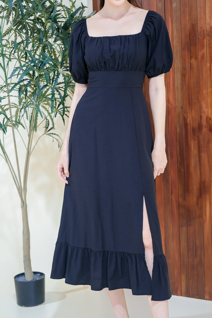 Katalina Ruche Slit Midi - Black [XS/S/M/L/XL]