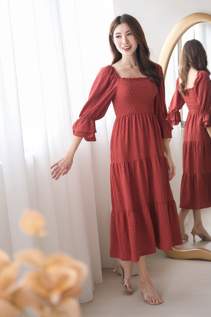 Ducena Swissdot Smocked Tiered Dress - Rosewood [XS/S/M/L/XL]