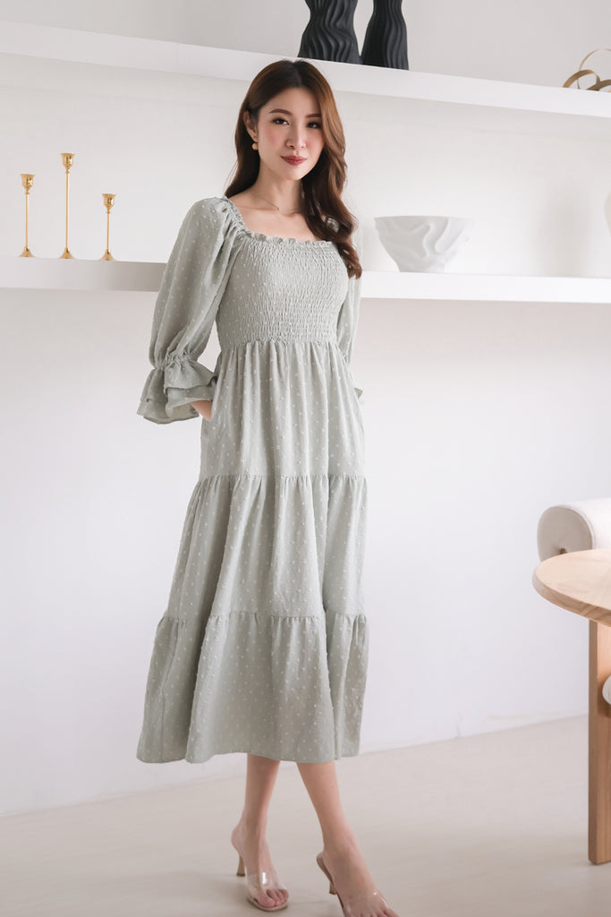 Ducena Swissdot Smocked Tiered Dress - Sage [XS/S/M/L/XL]