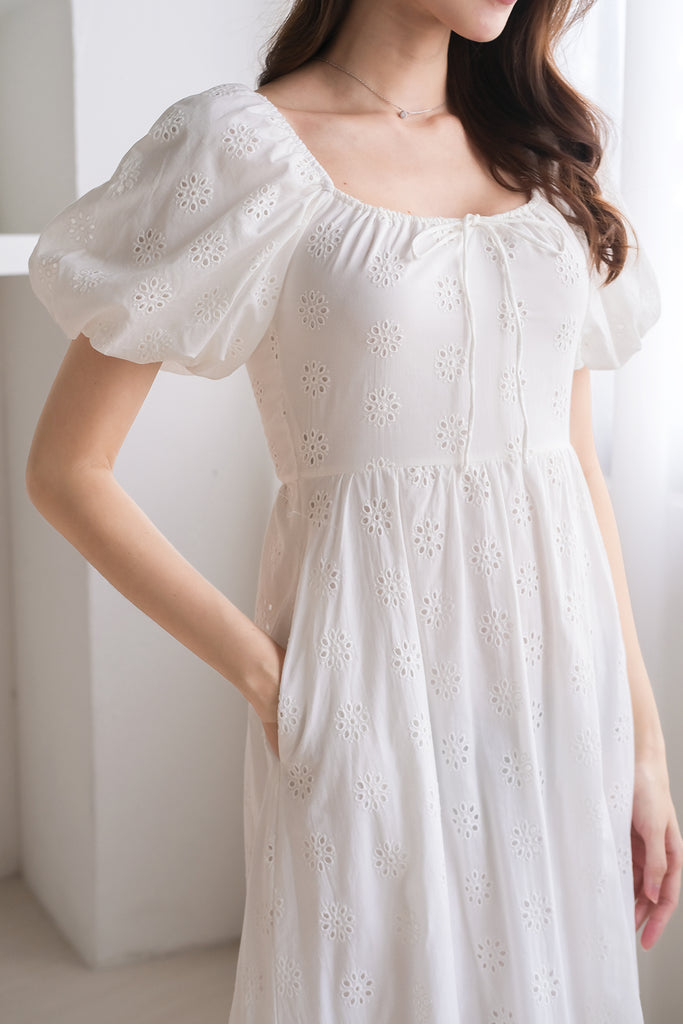 Debbie Eyelet Puffy Sleeves Midi Dress - White [XS/S/M/L/XL]