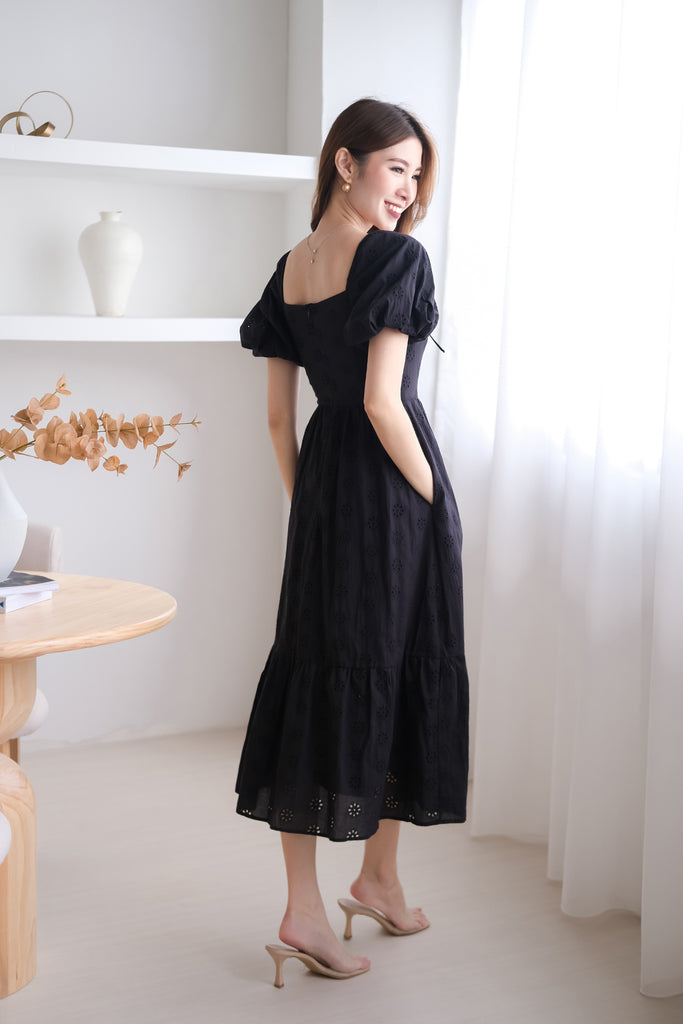 Debbie Eyelet Puffy Sleeves Midi Dress - Black [XS/S/M/L/XL]