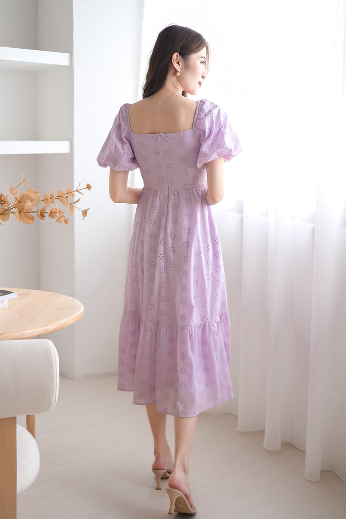 Debbie Eyelet Puffy Sleeves Midi Dress - Lilac [XS/S/M/L/XL]