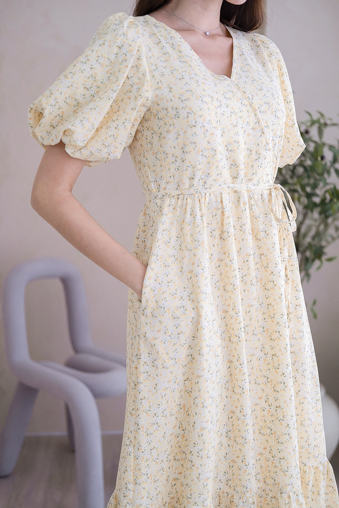 Krisna Puffy Sleeves Ruffle Hem Maxi - Yellow Floral [XS/S/M/L/XL]